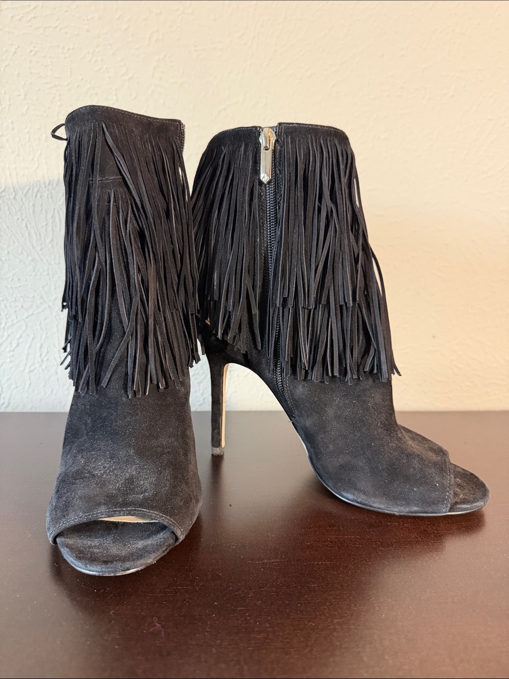 Sam Edelman Black Suede Fringe Open-Toe High Heel Booties